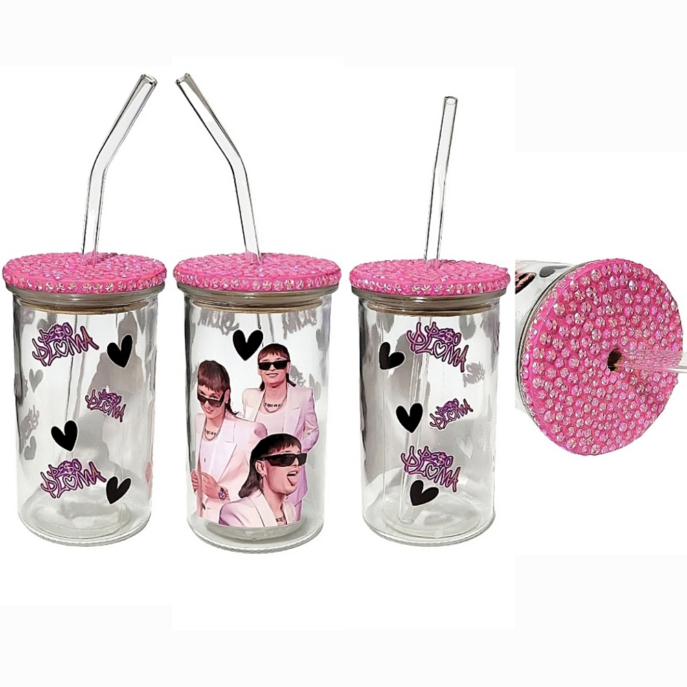 Peso Pluma Custom Glass Tumbler Cup 16oz Pink Embellished